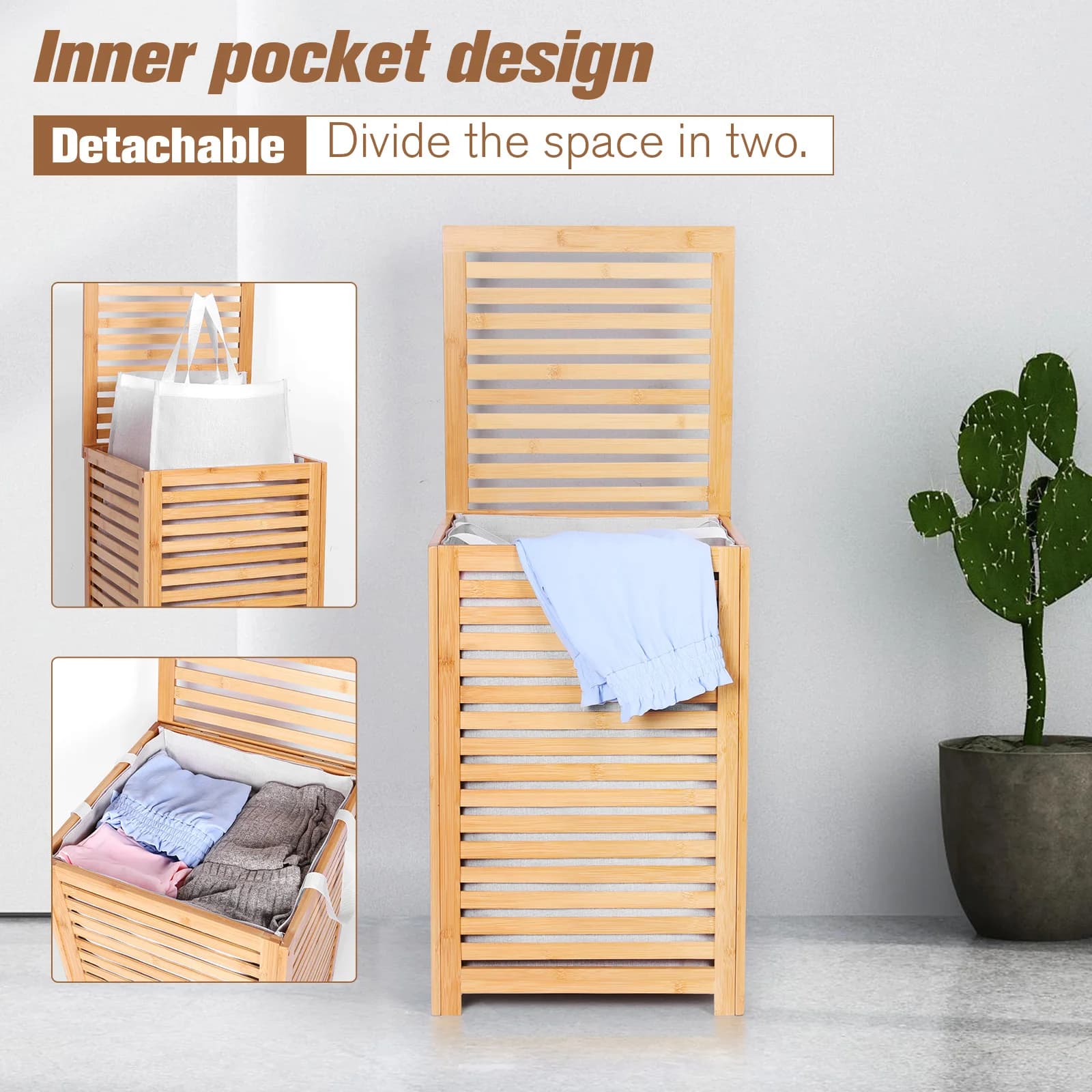 Bamboo Laundry Hamper with Removable Liner Bag Bamboo Laundry Basket Dirty Clothes Storage Basket for Utility Room