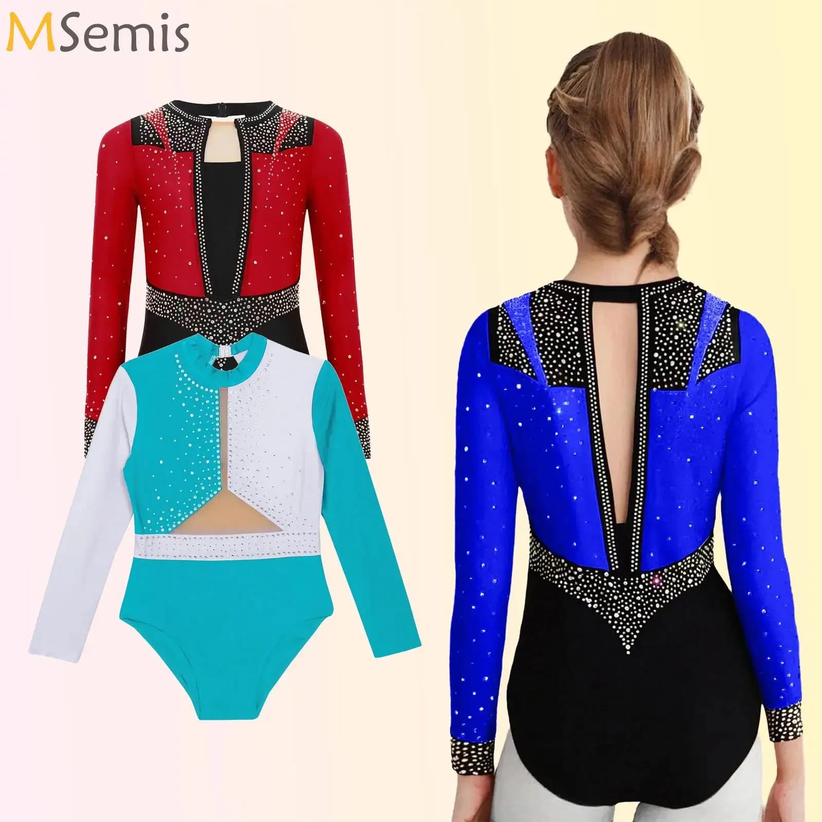 Costume da pattinaggio di figura per ragazze Maglia da danza classica Body da ginnastica ritmica Manica lunga Body in rete trasparente con strass lucidi