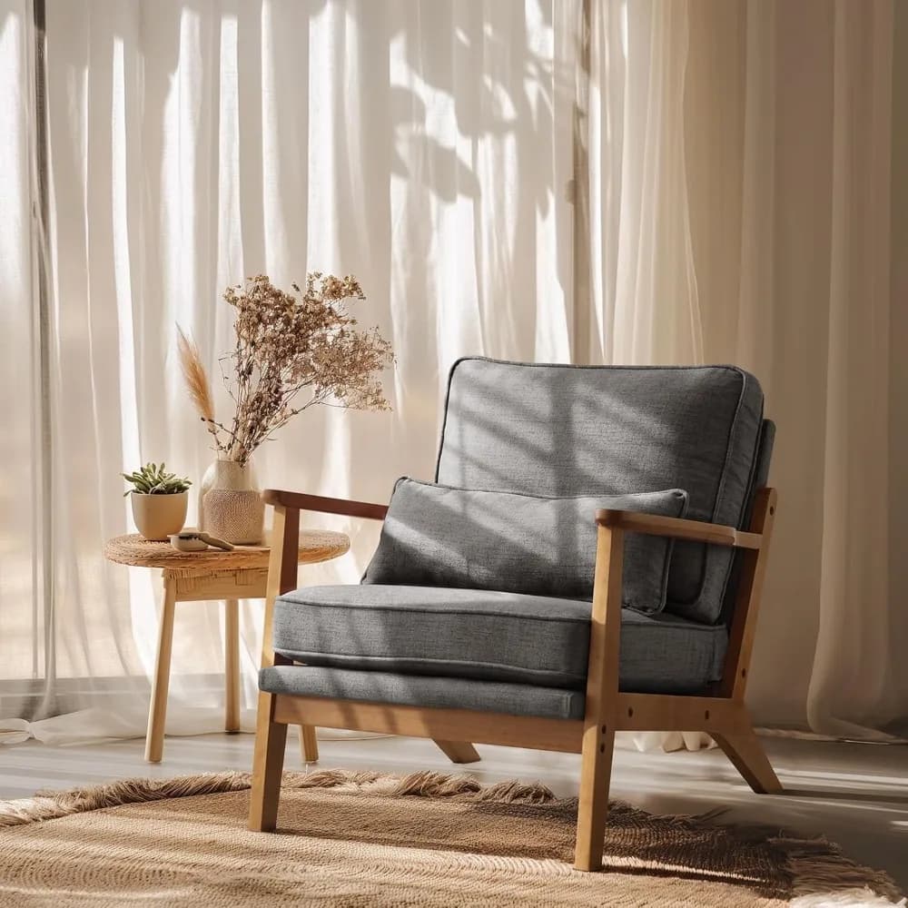 Poltrona in Legno Massello con Braccioli Larghi, Sedia Imbottita Stile Mid-Century Modern con Cuscino, Comoda Poltrona da Lettura Stile Farmhouse