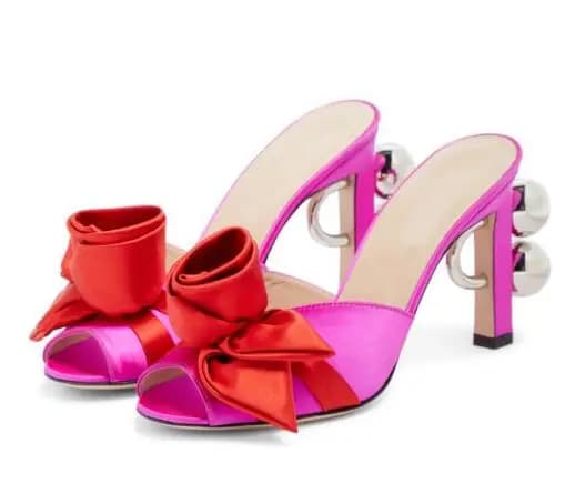Hot Pink Yellow Satin Flower Peep Toe Pantofole da donna Anello in metallo Strano tacco largo Ciabatte Sandali con tacco alto Scarpe Taglia 43
