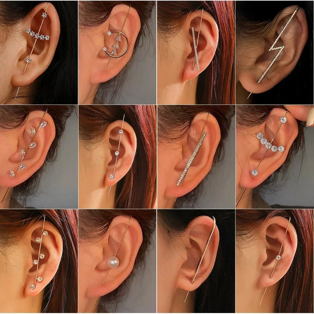 New temperament puncture zircon embedded personalized simple perforation women's lifting leaf earlobe slanted ear earrings