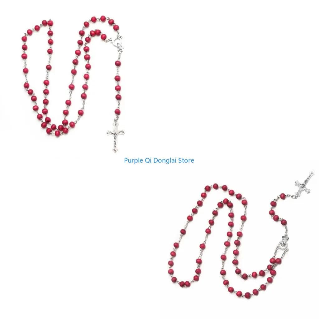 L21E Collana in legno Sutra rose incrociate Perline legno Collane cattoliche con rosario rosso