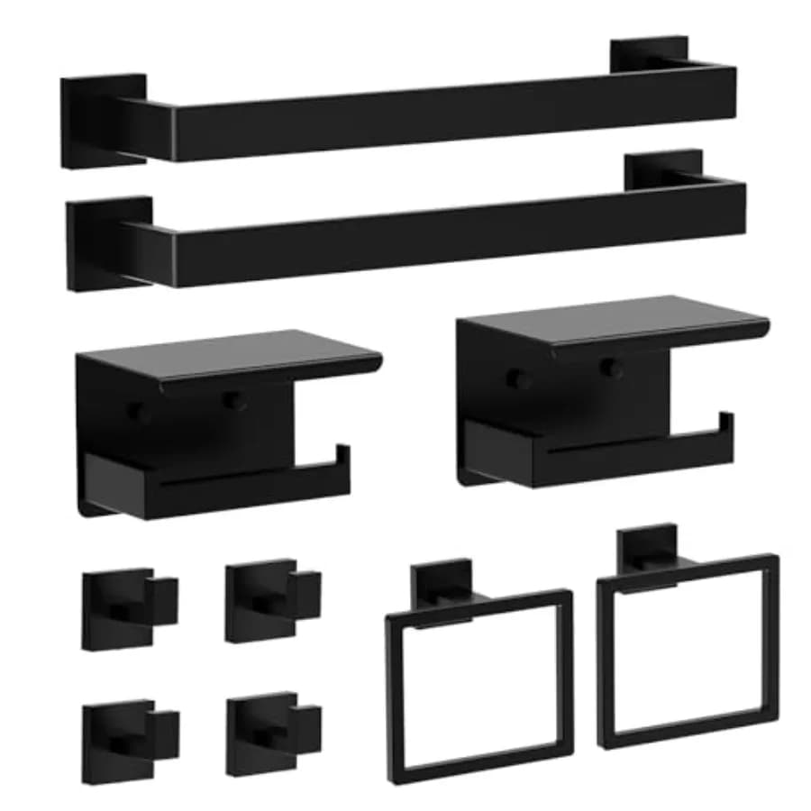Set di Accessori Bagno Nero Opaco 10 Pezzi in Acciaio Inox con 2×16 Portasciugamani, 2×Portarotoli con Mensola