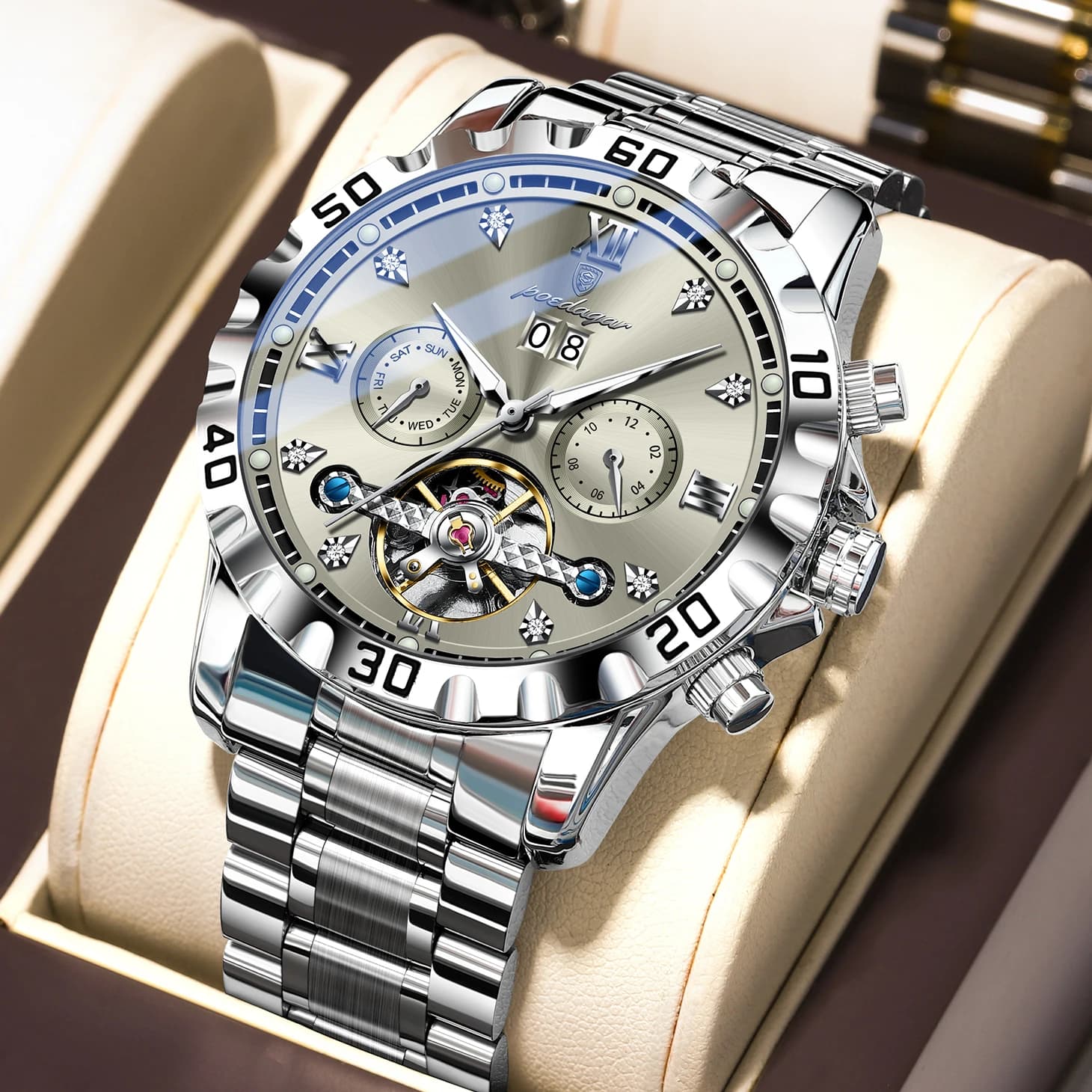 POEDAGAR Top Fashion Automatic Men Watch Date Week Man Clock Hollow Tourbillon Mechanical Stainless Steel Business Men's Watches