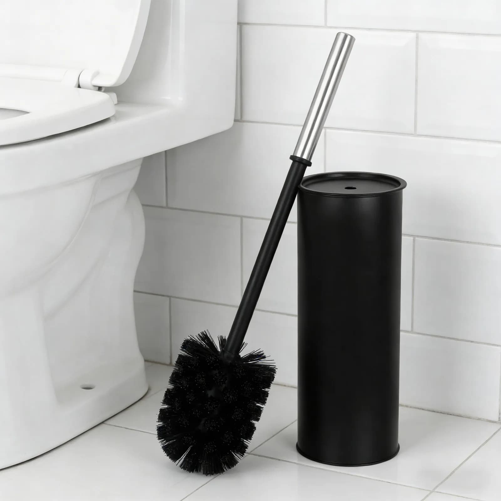 Set Spazzola per WC in Metallo con Manico Lungo, Nero, Autoportante da Terra, per Pulizia Profonda del Bordo, con Supporto