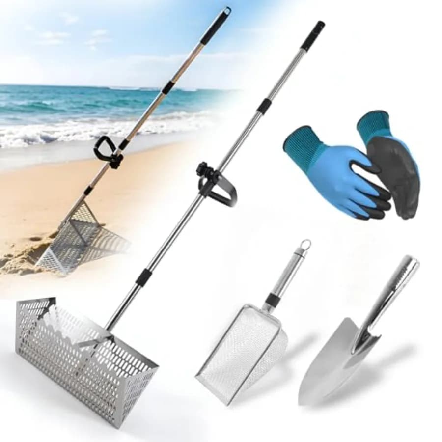 Rastrello per Sabbia con Manico Lungo Staccabile, Setaccio per Sabbia con Paletta in Acciaio Inossidabile, Setaccio a Denti di Squalo e Guanti da Spiaggia con 6 Pollici