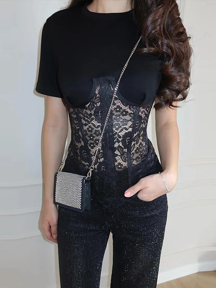 Top da Donna alla Moda con Inserti in Pizzo, Sexy con Lacci Trasparenti, Collo Tondo, Manica Corta, T-Shirt da Donna Primavera-Estate 2026, Top Y2K