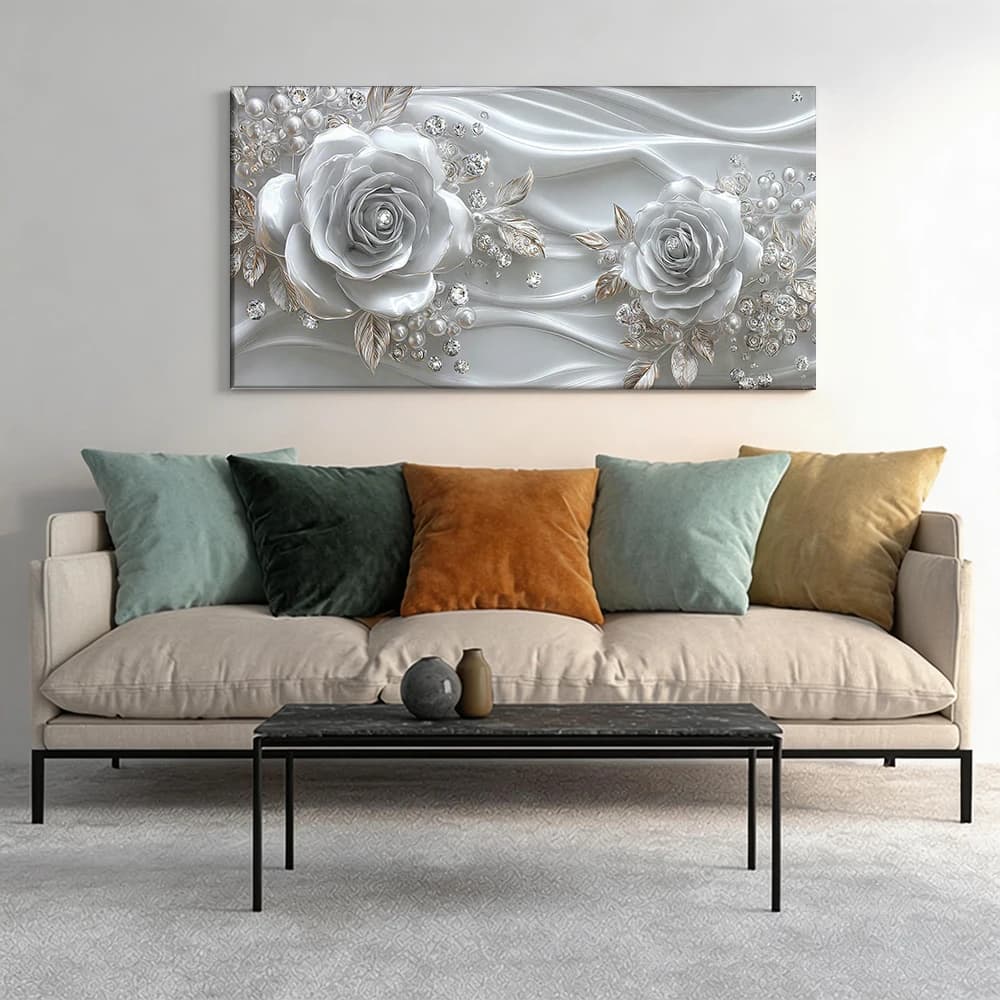 Painted on canvas with large wooden frame, 1 piece, silver roses, pearls, diamonds.