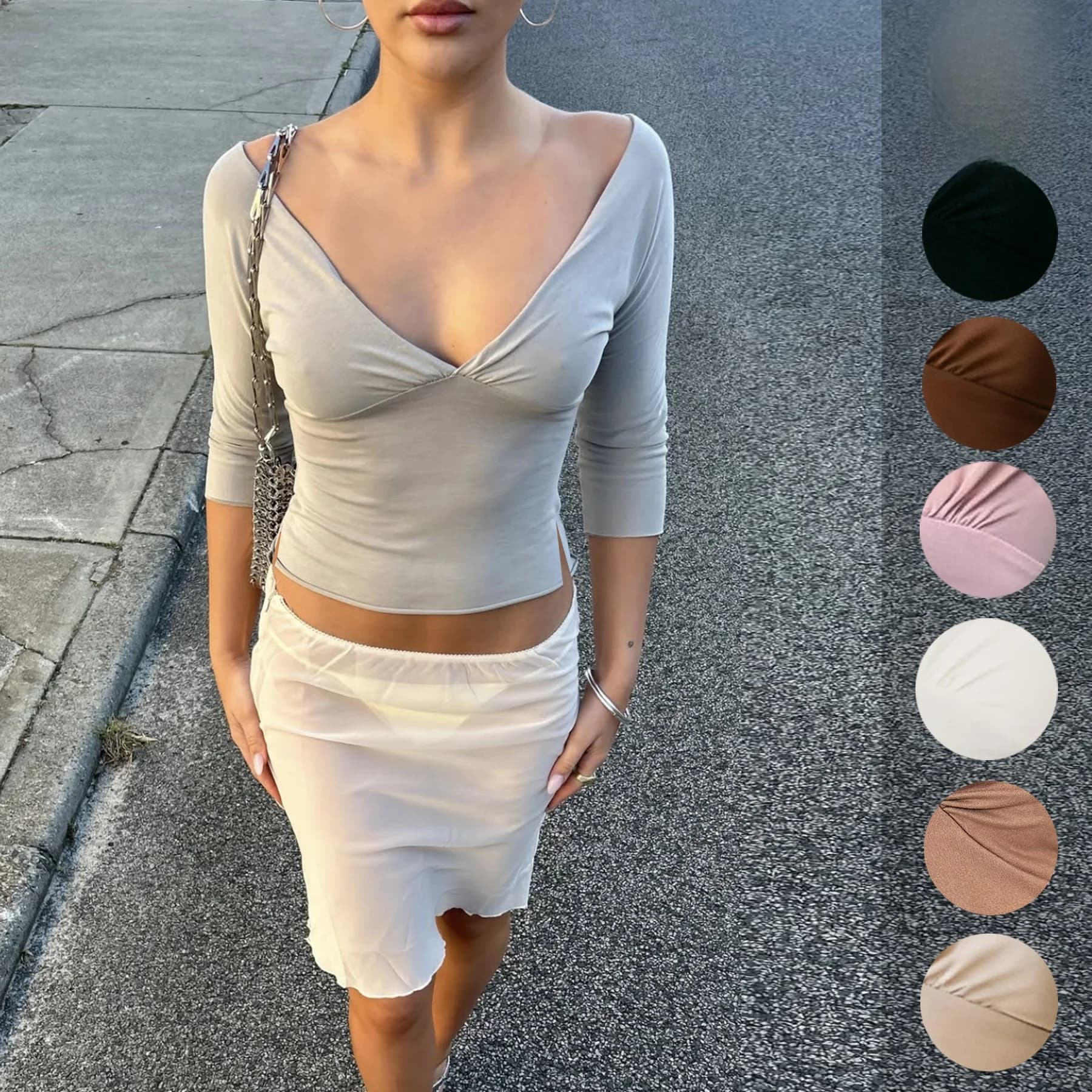 Sexy Deep V Side Slit Half Sleeve T Shirt Women's Top Cross Border Spring Summer Fashion High Waist Nine Points Pants Polyest...