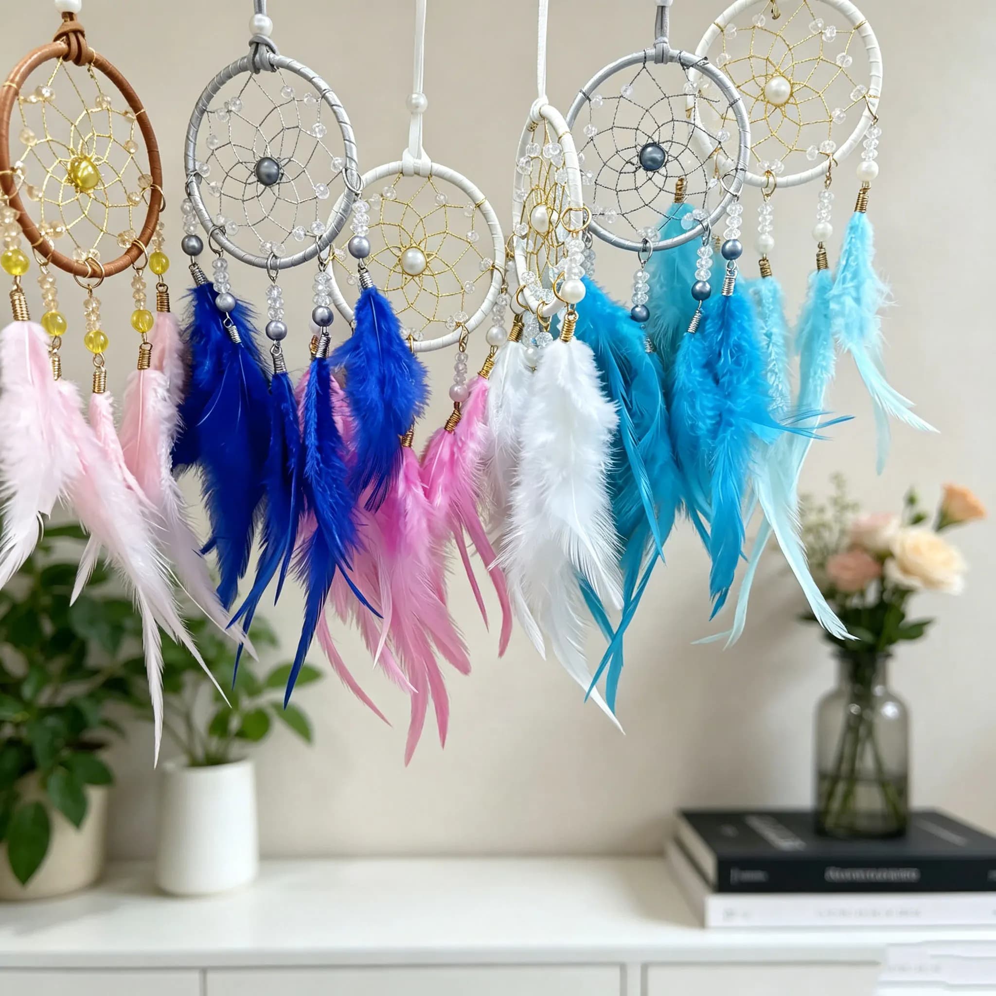 Set di 2 Mini Acchiappasogni Boho Fatti a Mano con Cristalli e Piume, Decorazione per Specchietto Retrovisore Auto e Parete, Regalo per San Valentino