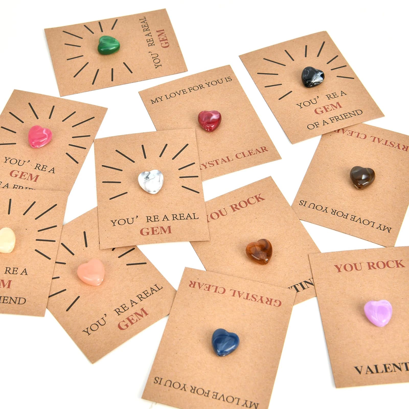Confezione da 24 biglietti di San Valentino con pietra di cristallo a forma di cuore, biglietti di San Valentino per ragazzi e ragazze, ideali per feste scolastiche e in classe