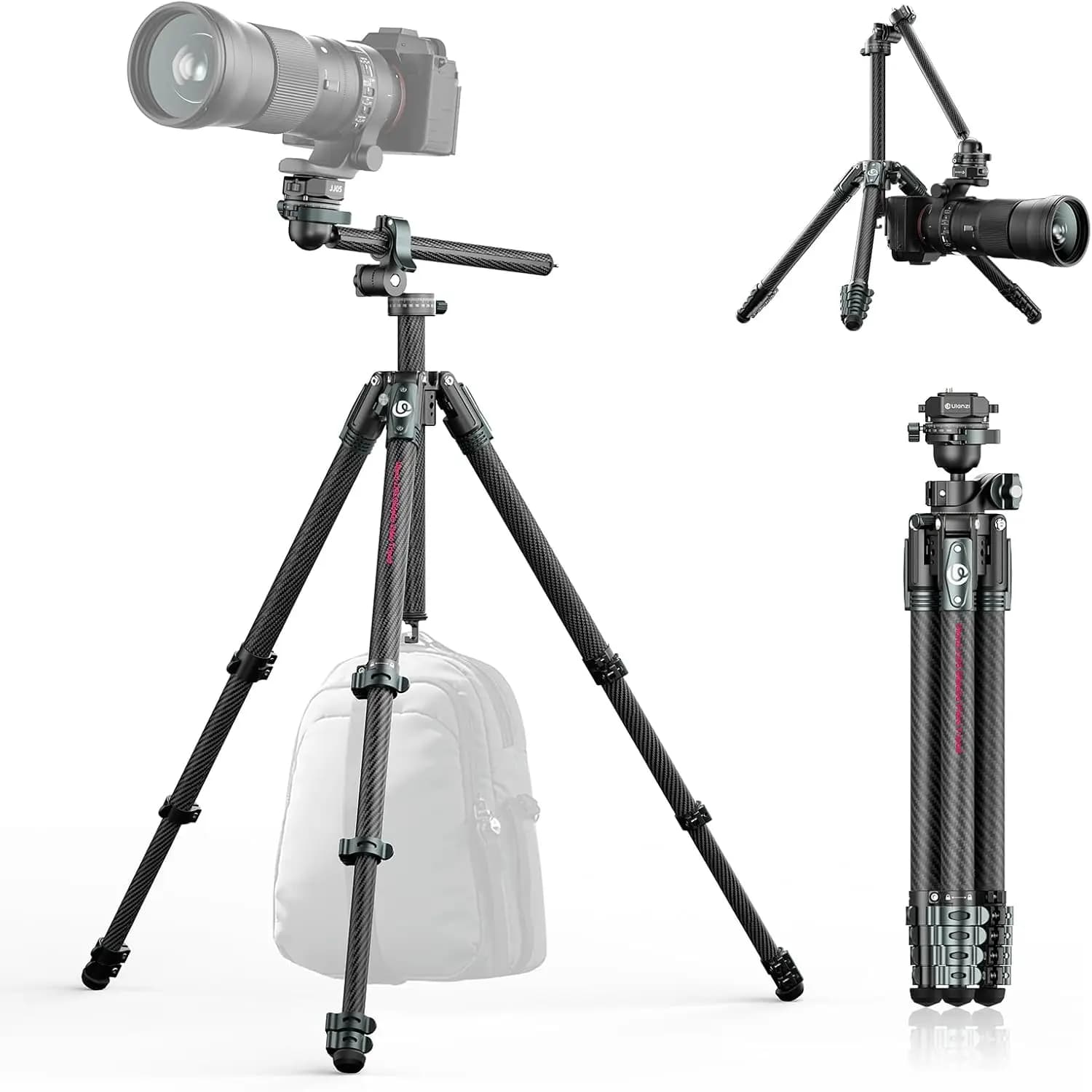 72.4" Carbon Fiber Travel Tripod, Dual 360° Pan Head, 11 lb Load, Quick Release, Lightweight with Bag