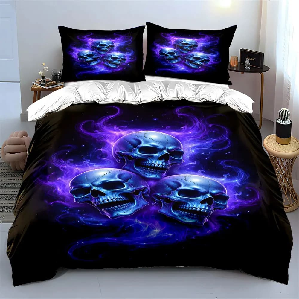 Cool Blue Skull Ghost Pattern Bedding Set 1 Duvet Cover 2 Pillowcases for Adult and Children Luxury Gift Full Size