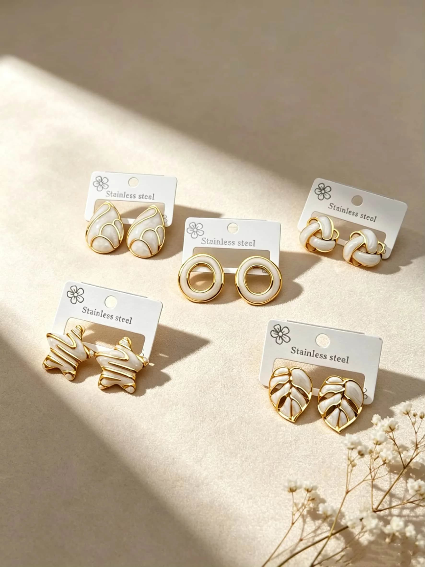 5 Pairs Gold White Enamel Stainless Steel Stud Earrings Set for Women, Leaf Knot Circle Star Ear Jewelry Gift