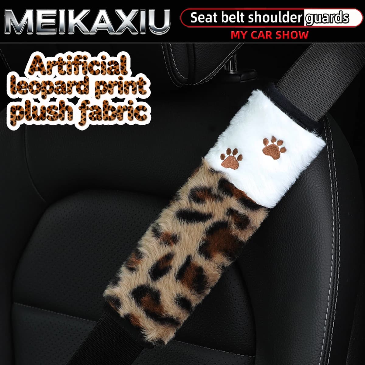 Leopard Print Plush Paw Car Seat Cover for Women 1-Piece & 2-Piece Set Safety Belt Decoration Interior Accessories