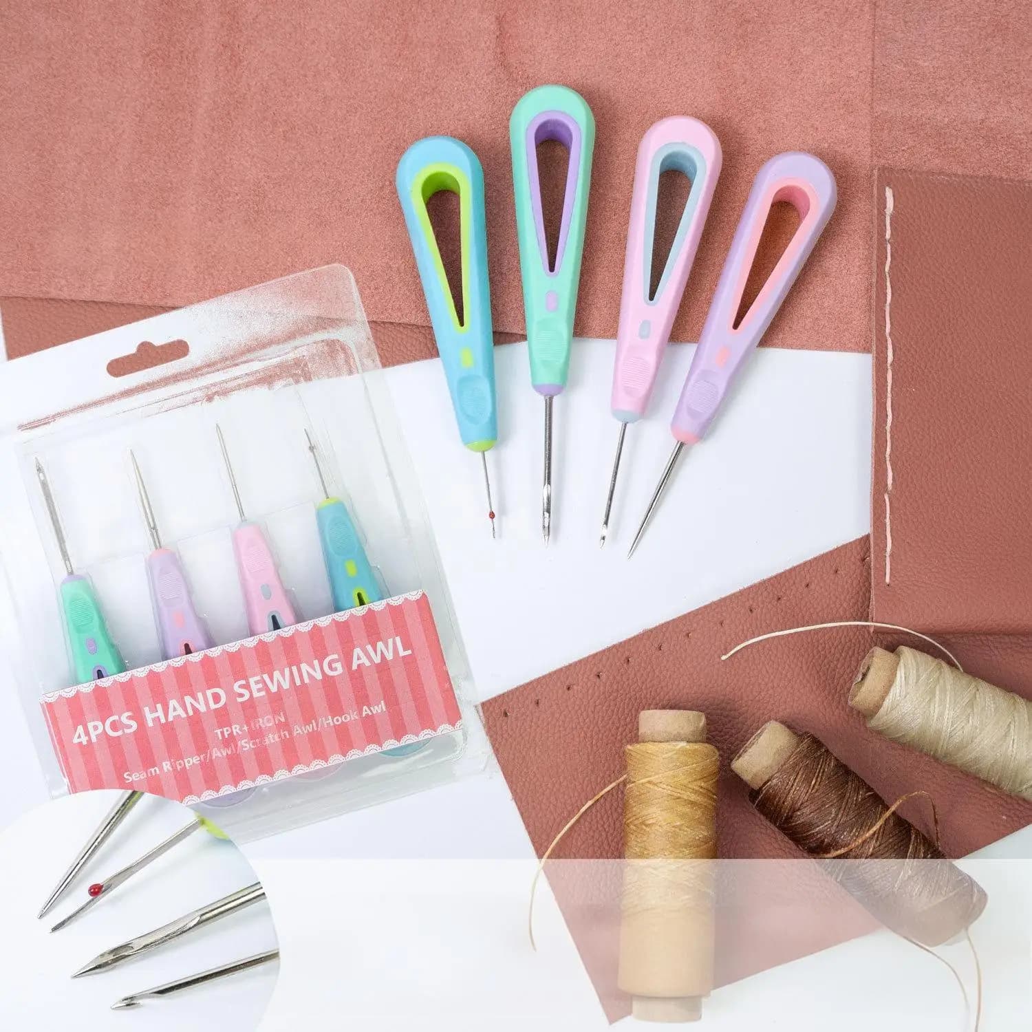 4pcs DIY Leather Craft Hand Tools Kit - Rubber Grip Punching Awl for Stitching, Unpicking, Shoe Repair, Leather Sewing Supplies