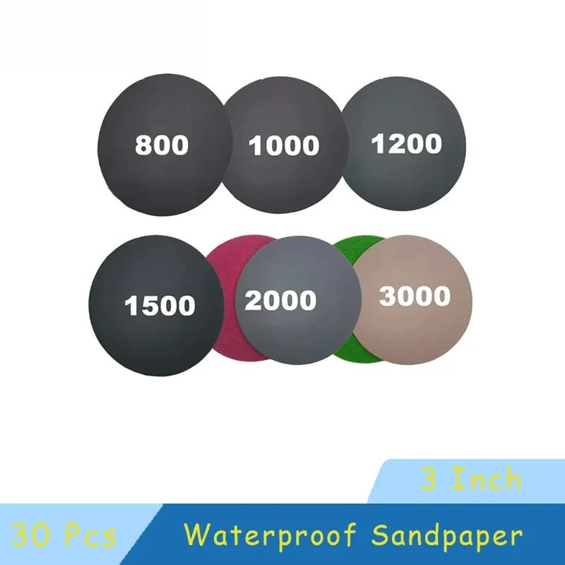 3 Inch Waterproof Sandpaper 30 Pcs Assorted 800-3000 Grit Hook and Loop for Polishing and Sanding Metal Car Body Woodworking