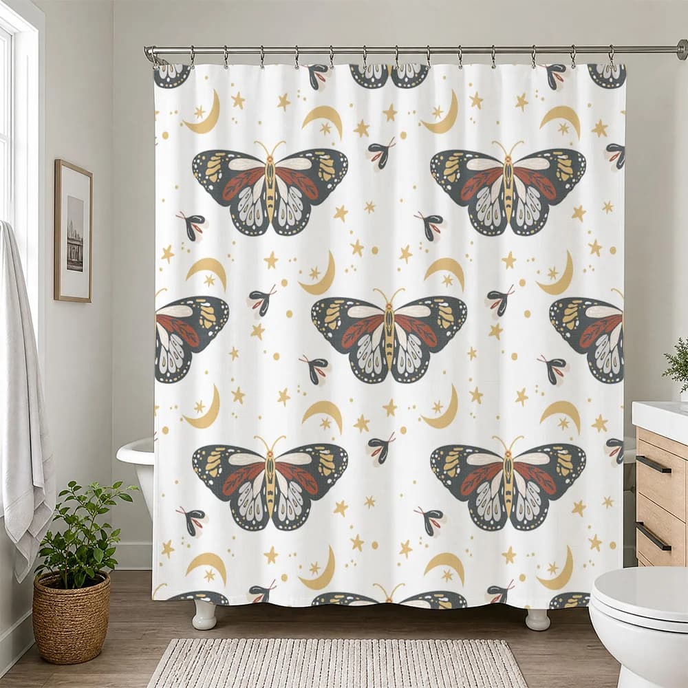 Waterproof Boho Butterfly Shower Curtain Bathroom Decor Cute Moon Star Celestial Pattern Shower Curtain Liner Tropical Style