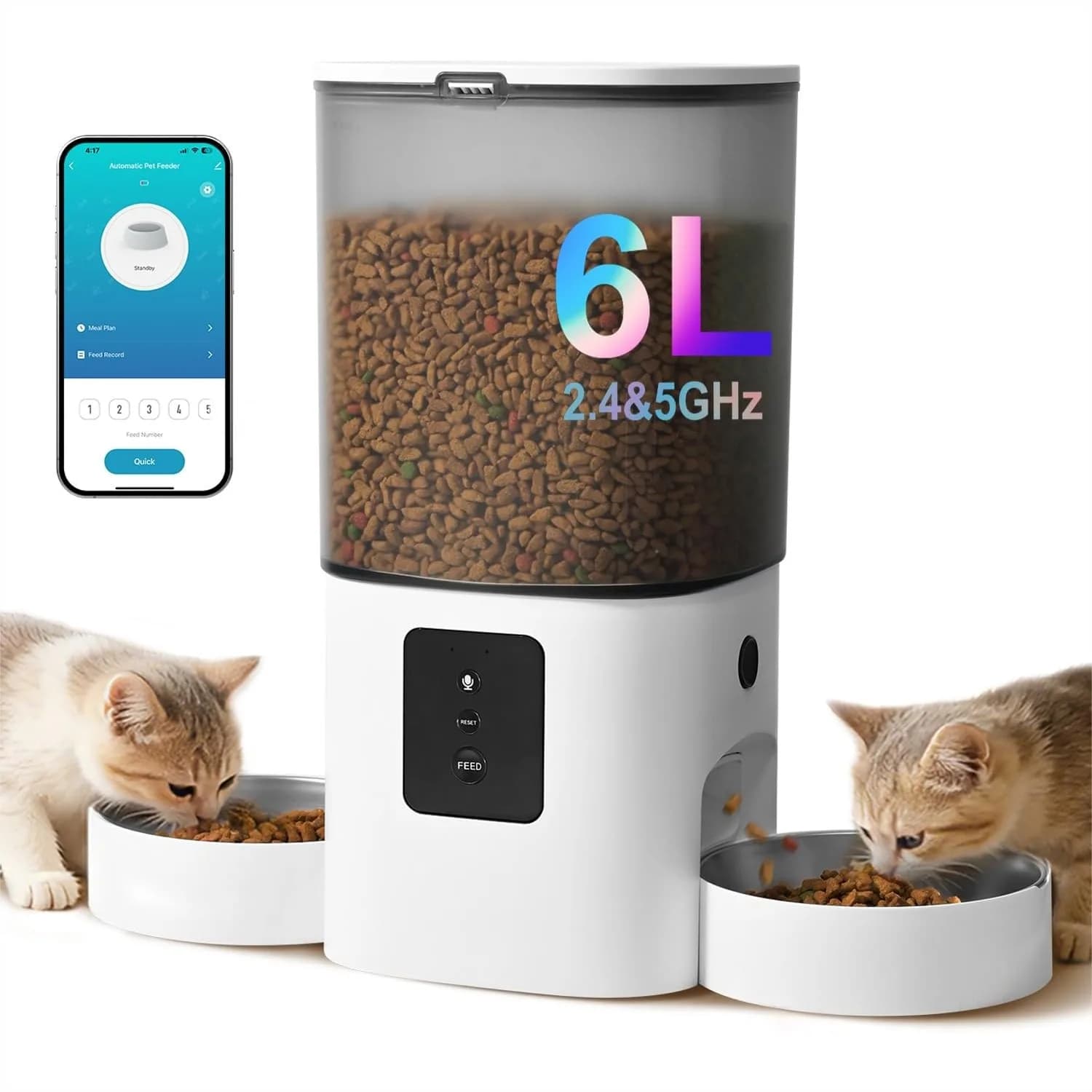 Distributore Automatico di Cibo per Gatti, Dispenser WiFi da 6L con Registratore Vocale, Alimentatore a Doppia Ciotola Programmabile fino a 10 Pasti al Giorno