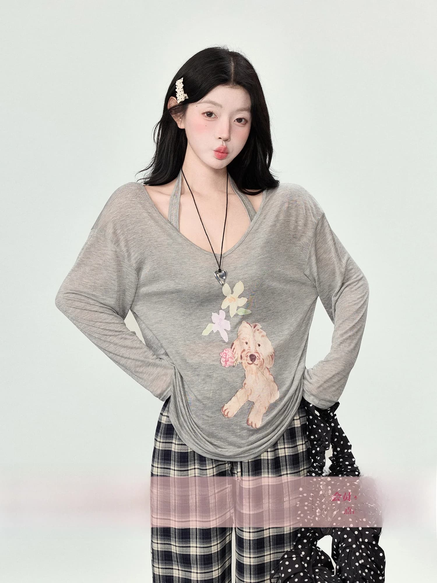 BBT Sweety T-shirt estiva da donna a maniche lunghe con stampa cane, stile casual e rilassato, top con scollo all'americana, protezione solare, stile giapponese carino