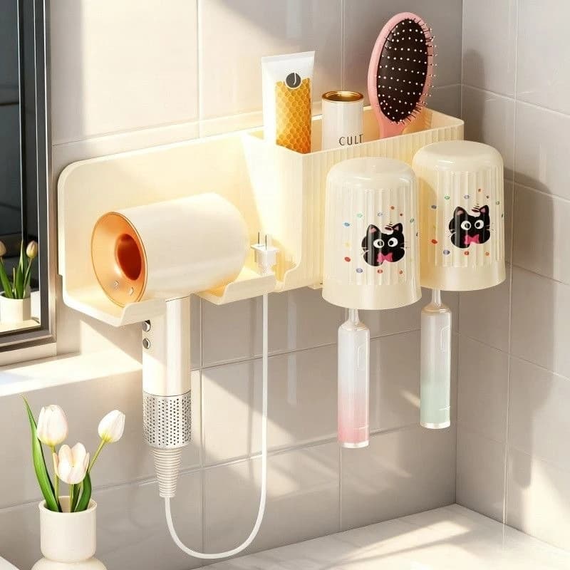 Hair Dryer Holder No Drill Wall Mounted Bathroom Organizer Storage Rack for Hairdryer Brush Toothbrush