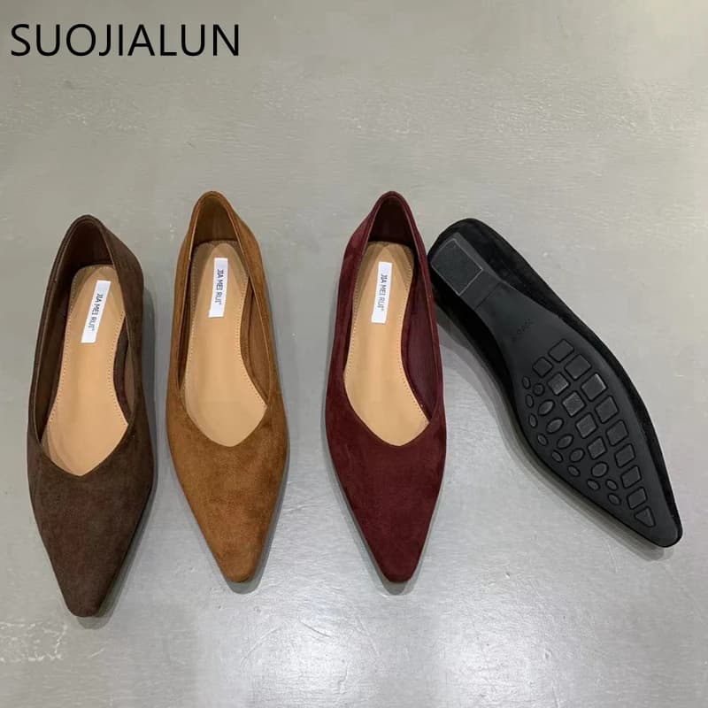 SUOJIALUN 2024 autunno donna scarpe basse moda punta a punta poco profonda Slip On scarpe Baot morbido tacco basso vestito all'aperto scarpe singole