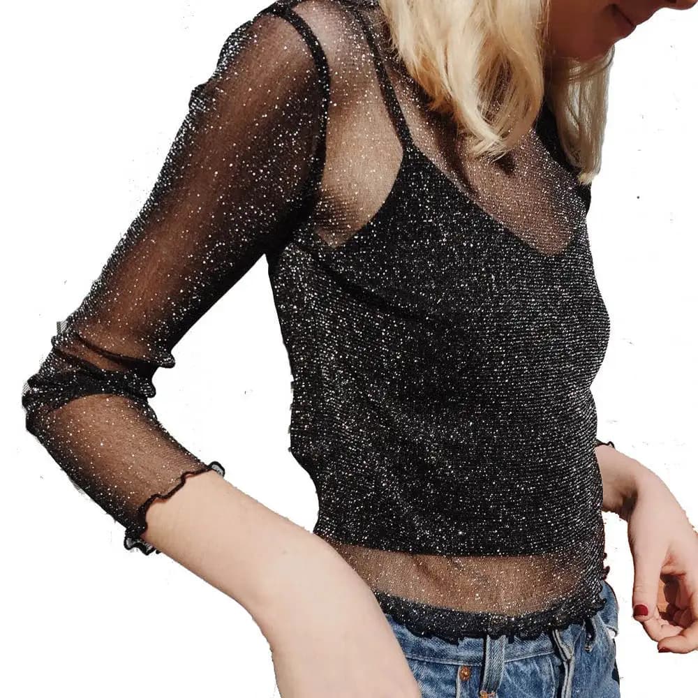 Sexy Long Sleeve Mesh T-Shirt Women's Base Layer Shirt Fashionable Versatile Top Elegant Style round Neck Splice Design