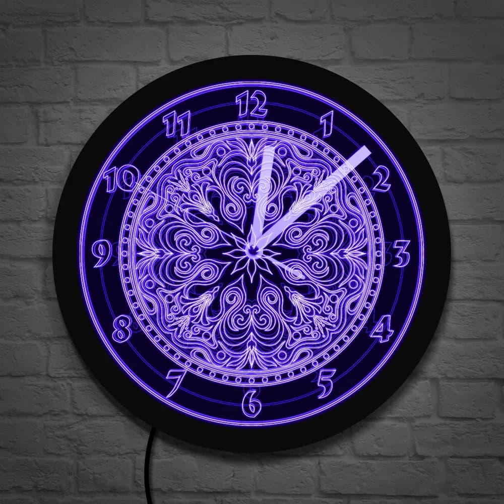 LED wall clock with abstract mandala, ritual symbol, wall floral art, modern and silent wall clock, LED lighting, decoration, neon wall plate with mandala