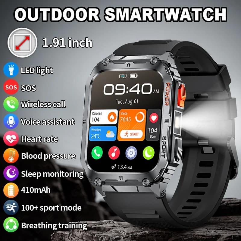 LIGE Smartwatch with 1.91 inch HD screen with IP68 LED lighting waterproof for outdoor sports and health monitoring for Android IOS