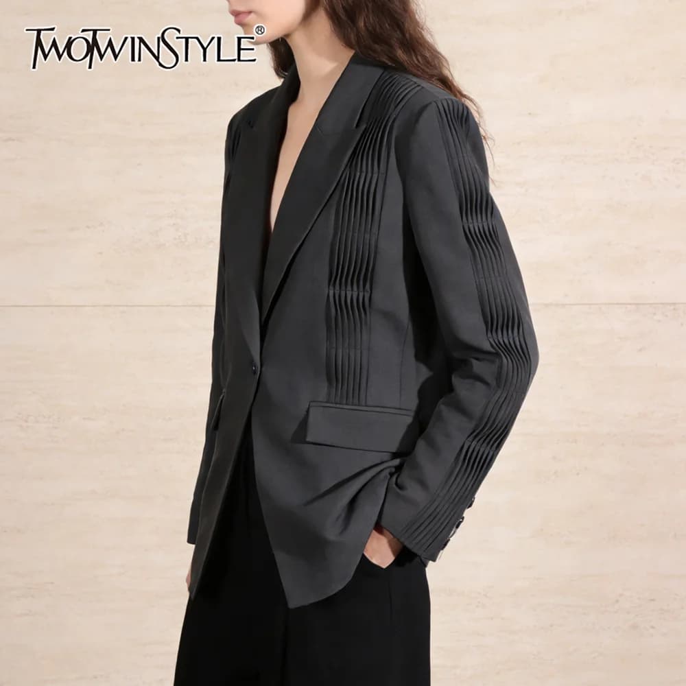 TWOTWINSTYLE Gray Spliced Folds Chic Jacket Female Lapel Long Sleeve Loose Commute Elegant Women's Jackets Fashion Autumn New