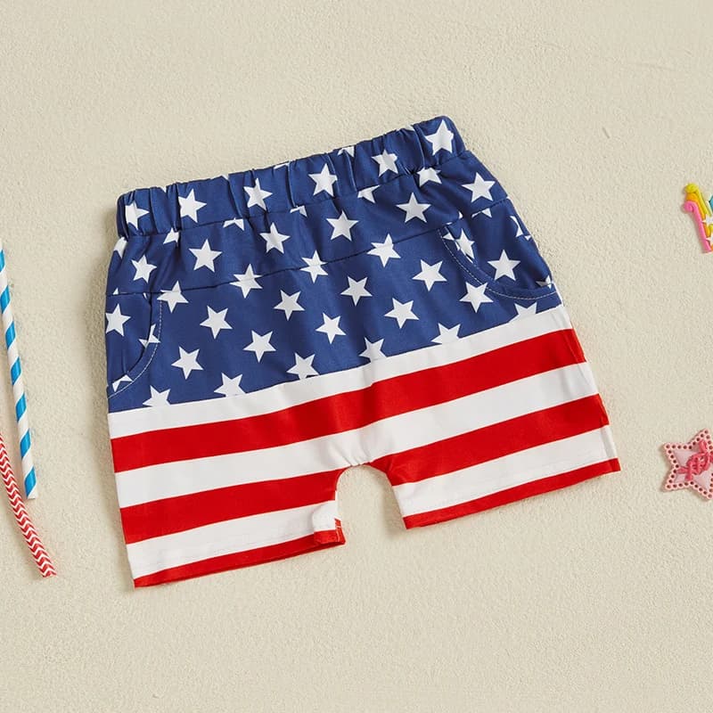 Pantaloncini per neonato del 4 luglio Bandiera americana Stelle Stampa razzo a righe Pantaloncini per bambino in vita elastica Modello di fuochi d'artificio