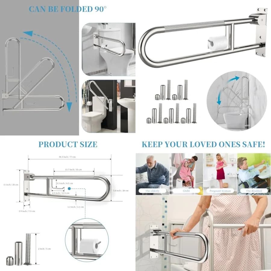 Barra di supporto per WC, Maniglione antiscivolo per disabili con porta carta igienica, Corrimano di sicurezza ribaltabile per bagno, Supporto zigrinato in acciaio inossidabile