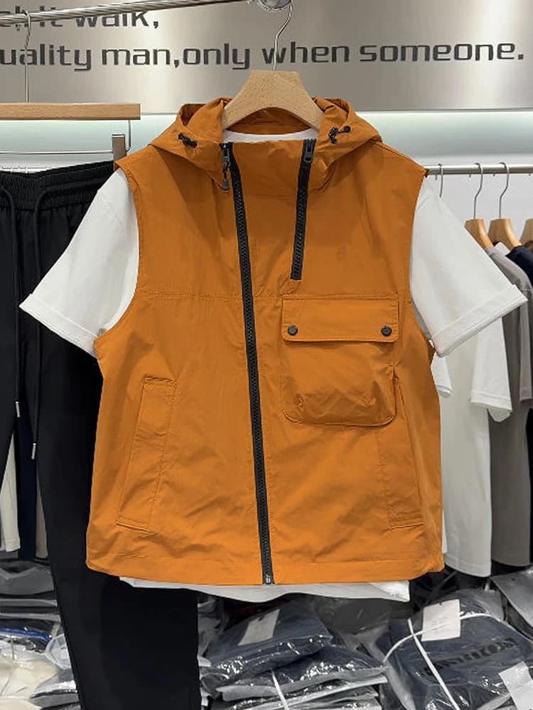 Men's Outdoor Fashion Hooded Vest Spring Casual Style Zipper Design Sleeveless Jacket Windproof Regular Fit Youth Outerwear