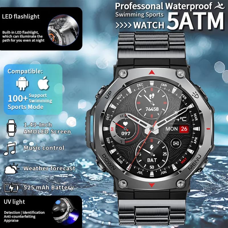 LIGE 1.43 "Schermo Amoled 5ATM Impermeabile Chiamata Bluetooth Smart Watch Luce UV Torcia a LED Sport all'aria aperta Fitness Smartwatch da uomo