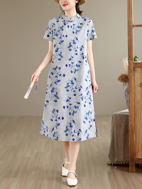 Authentic Retro Chinese Style Pure Cotton Artistic Loose Midi Dress Commute Short Sleeve Printed A-Line Ladies Summer Dress
