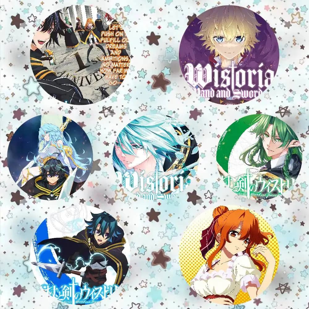 Spilla rotonda Anime W-Wistoria con bacchetta e spada, distintivo da borsa, per zaini, valigette, spilla laser, regali per vestiti