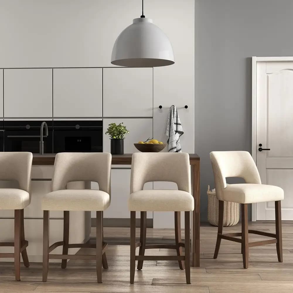 Set of 4, 26 Beige Upholstered Counter Height Bar Stools with Wood Legs for Kitchen Island Dining