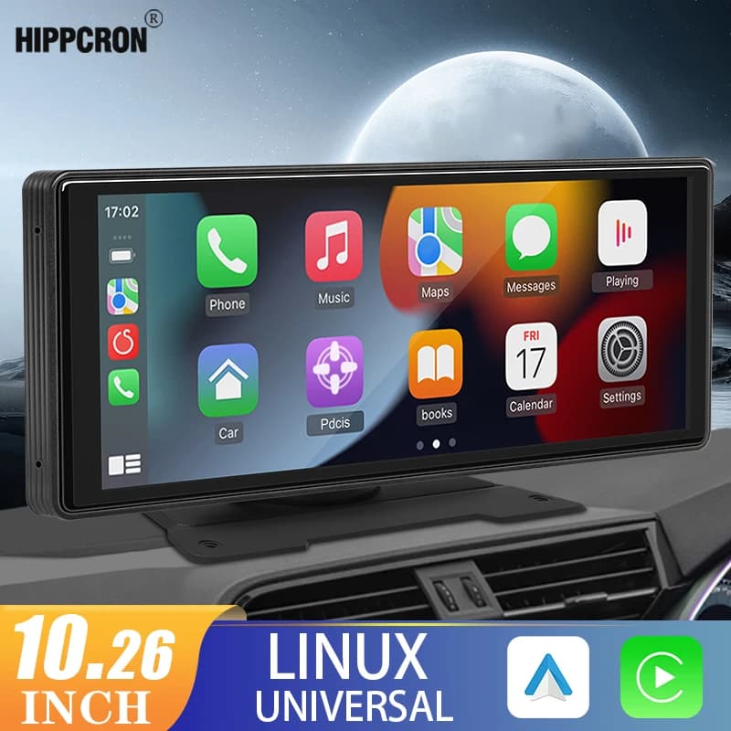 Hippcron 10.26" CarPlay Android Autoradio Video player Touch screen IPS with USB support AUX Camera Rear