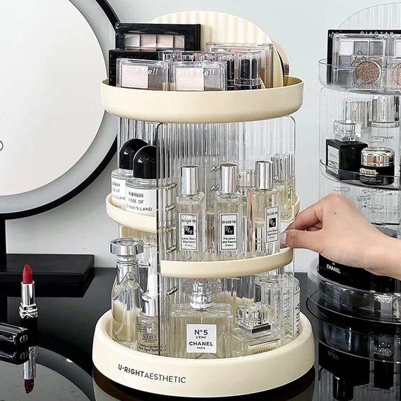 Organizzatore cosmetico rotante per camera da letto Desktop Rossetto Profumo Cura della pelle Rack di stoccaggio multistrato trasparente