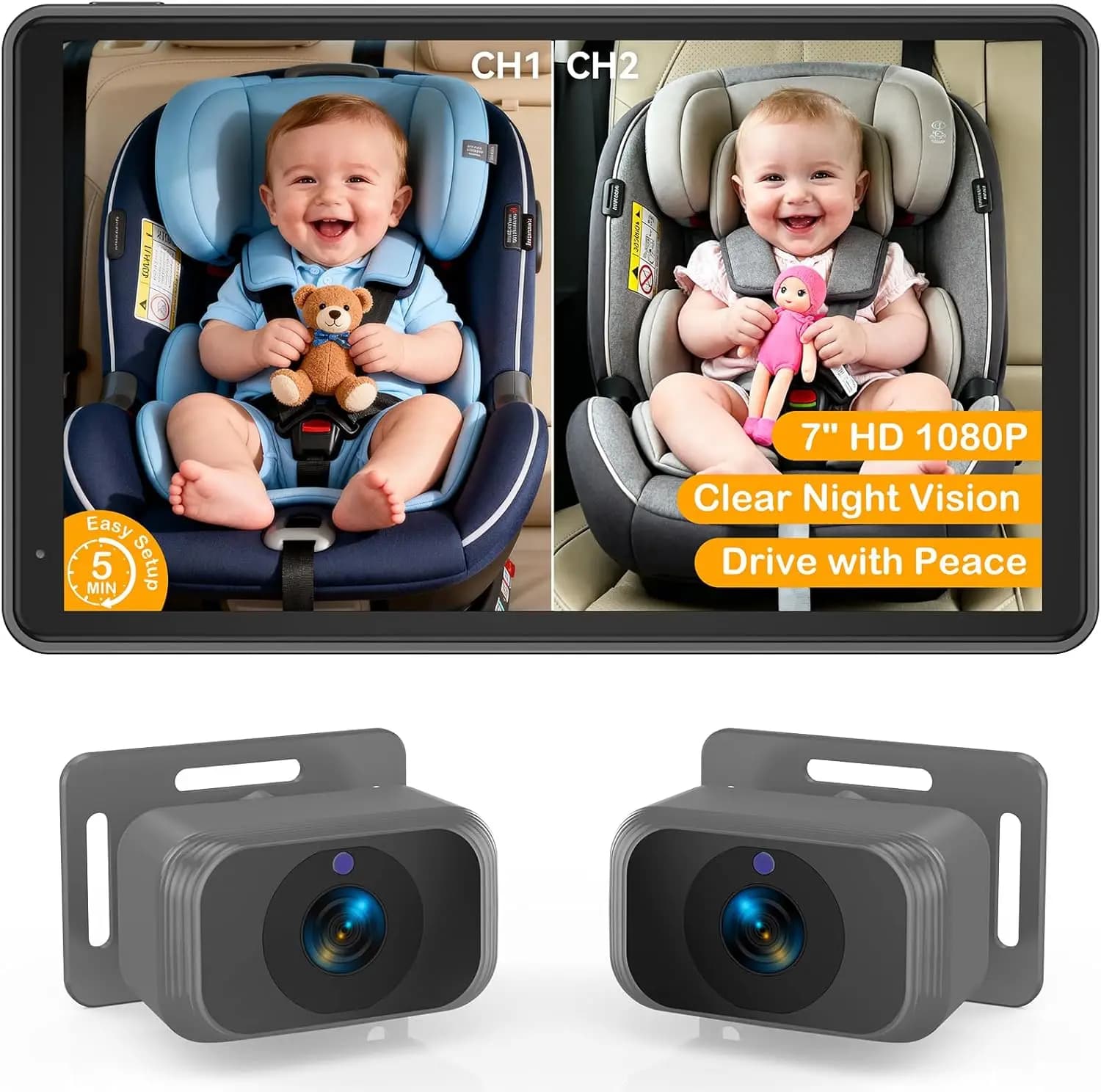 Telecamera per Auto con Schermo Diviso da 7 Pollici per 2 Bambini, Doppia HD 1080P, Visione Notturna, 360° ° Monitor per Sedile Posteriore Girevole e Facile da Installare