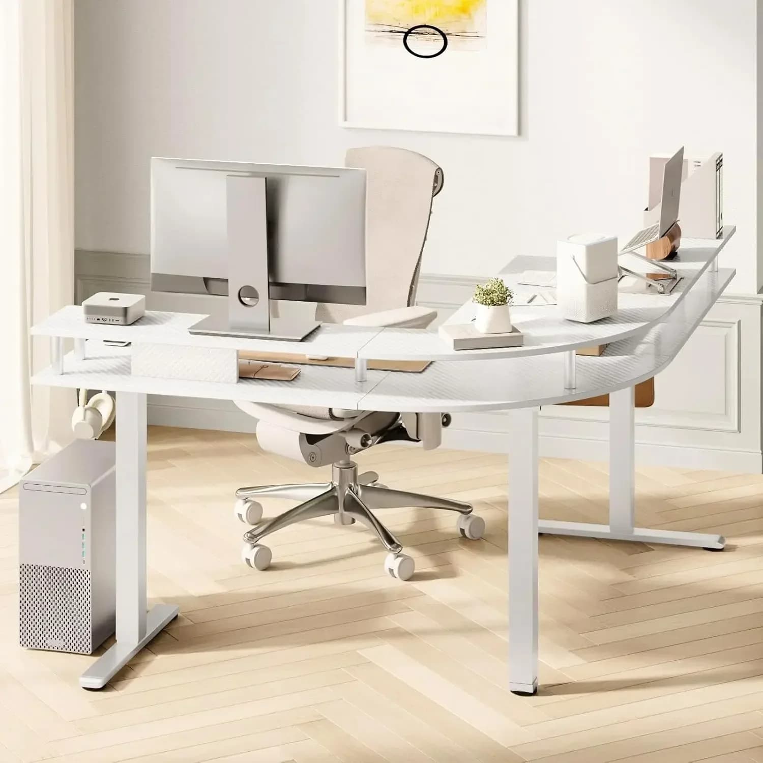 63 Inch Large L Shape Stand Desk, Adjustable Height, Office Electric Desk With Monitor Support