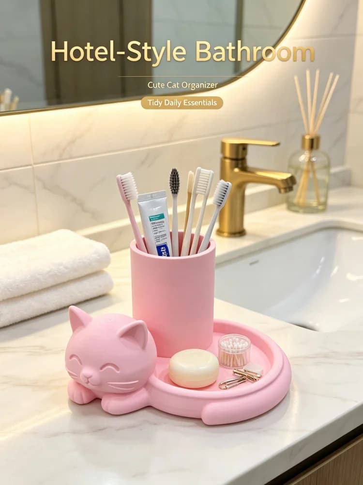 Cat-Shaped Vanity Organizer Box, Two-In-One Bathroom Toothbrush Holder, Pink Cute Style with Tray, Dual-Zone Design, Can Be Used as a Toothbrush and Toothpaste Holder, Also Suitable for Storing Small Beauty Items, Suitable for Bathroom Sinks, Bedroom Vanity Tables, Healing-Style Cute Desktop Organizer, Combines the Functions of Toiletries and Beauty Storage, Multifunctional Desktop Storage and Organization Supplies