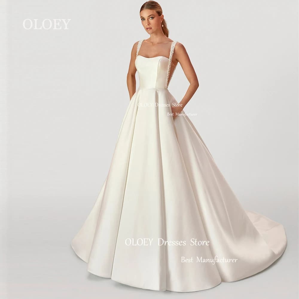 OLOEY Simple Satin Wedding Dresses Pearls Spaghetti Straps Floor Length A Line Bride Gowns Button Customized Vestido De Noiva