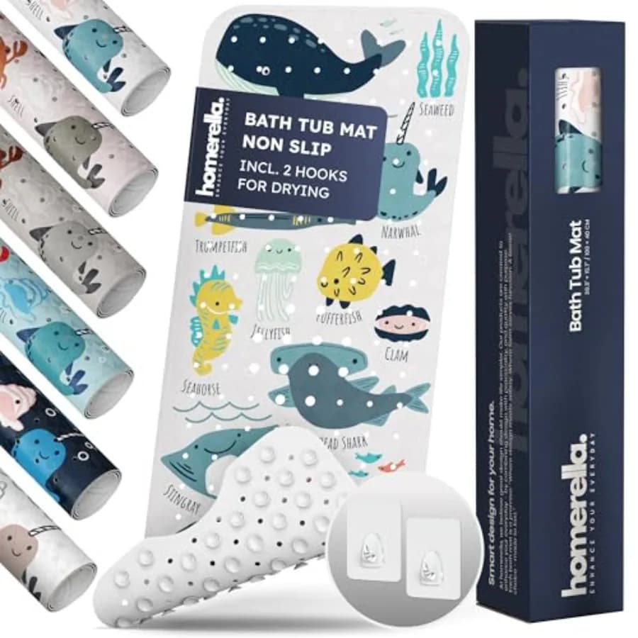 Tappetino per vasca da bagno antiscivolo e antimuffa, senza BPA, con ganci inclusi ® Tappetino da Bagno per Bambini con Animali Marini 40x16, Antiscivolo con 200 Ventose