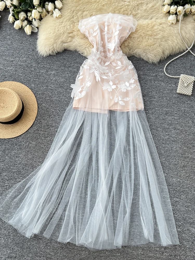 Elegant High Waist A-Line Long Dress Summer Women's Sleeveless Mesh Floral Patchwork Dress Korean Style Commute Suitable