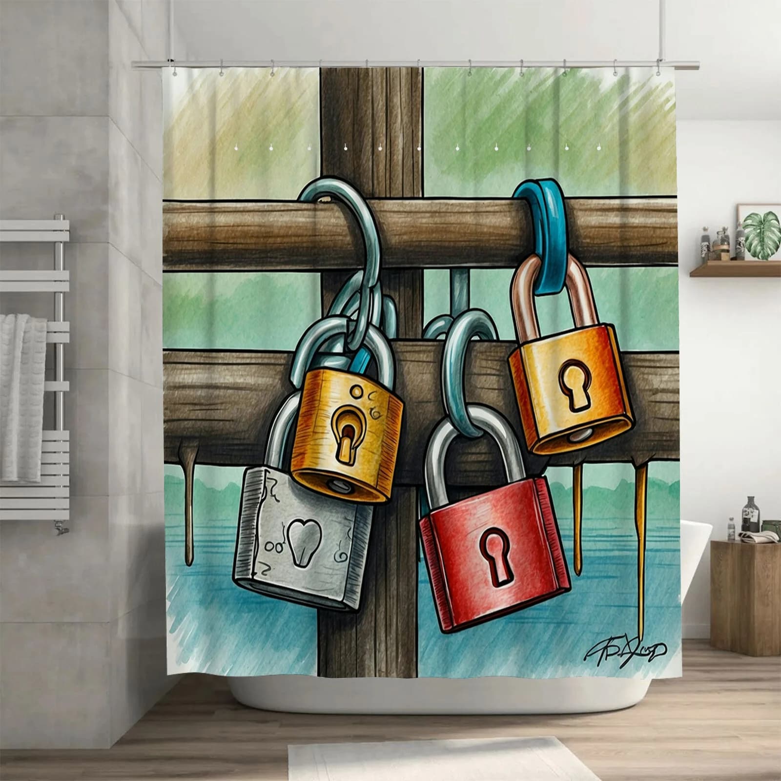 Tenda da doccia con lucchetti colorati | Decorazione da bagno moderna e artistica