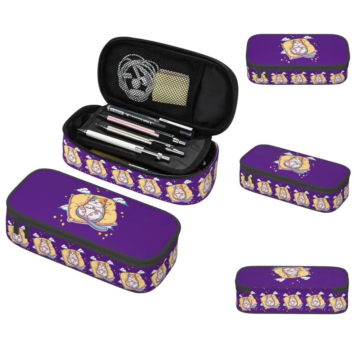 Cartoon cat pencil holder sleeping in deep blue night sky, for student gifts, pen box, pencil bag, stationery, pen bag