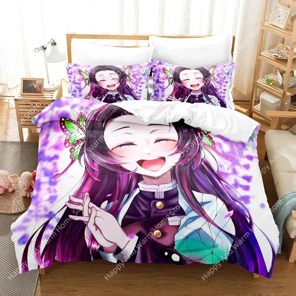 Stampa 3D Kochou Shinobu Biancheria da letto Anime Demon Slayer Stampato Set da letto Copripiumino Federa Set di biancheria da letto Lenzuolo di lino Copripiumino