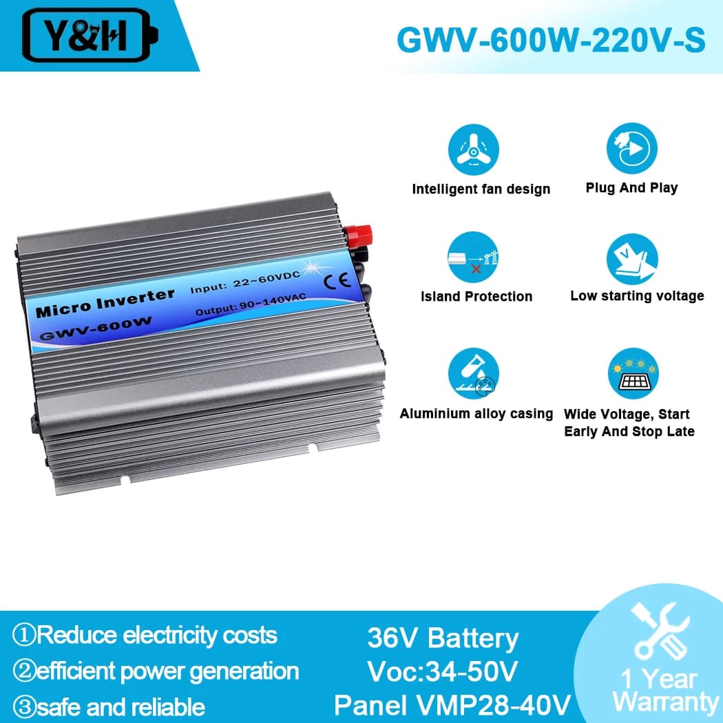 Y & H 600W Grid Tie Inverter solare MPPT onda sinusoidale pura Micro Inverter DC22-60V ingresso fotovoltaico AC120V/220V pannello solare sistema domestico