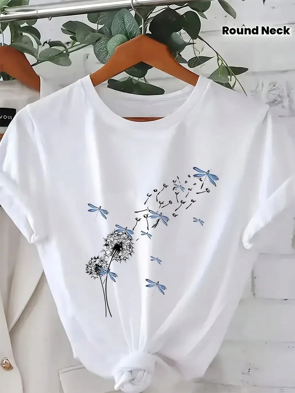 Plus Size, Able Plus Size Printed T-Shirt, Round Neck Short Sleeved With Bicycle And Flower Patterns,Breathable And Comfortable Short-Sleeved Round-Neck Top, Suitable For All Seasons, Everyday Wear For Women